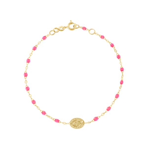 Gigi Clozeau - Bracelet rose fluo Madone, or jaune, 17 cm 