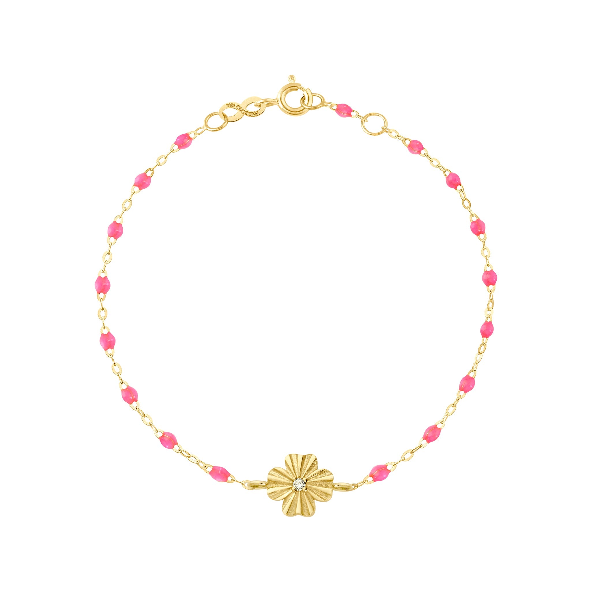 Gigi Clozeau - Bracelet rose fluo Trèfle Lumière, diamant, or jaune, 17 cm