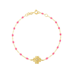 Gigi Clozeau - Bracelet rose fluo Trèfle Lumière, diamant, or jaune, 17 cm