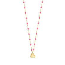 Gigi Clozeau - Collier Lucky Cœur, or jaune et mini perles de résine rose fluo, 40 cm