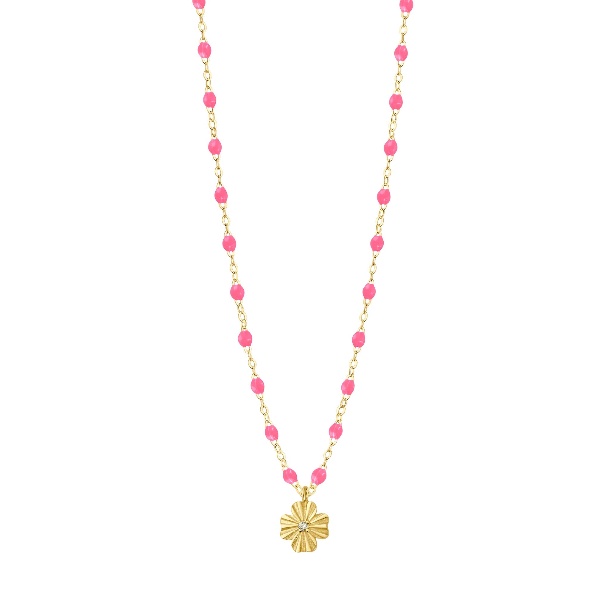 Gigi Clozeau - Collier rose fluo Trèfle Lumière, diamant, or jaune, 42 cm