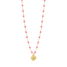 Gigi Clozeau - Collier rose fluo Trèfle Lumière, diamant, or jaune, 42 cm