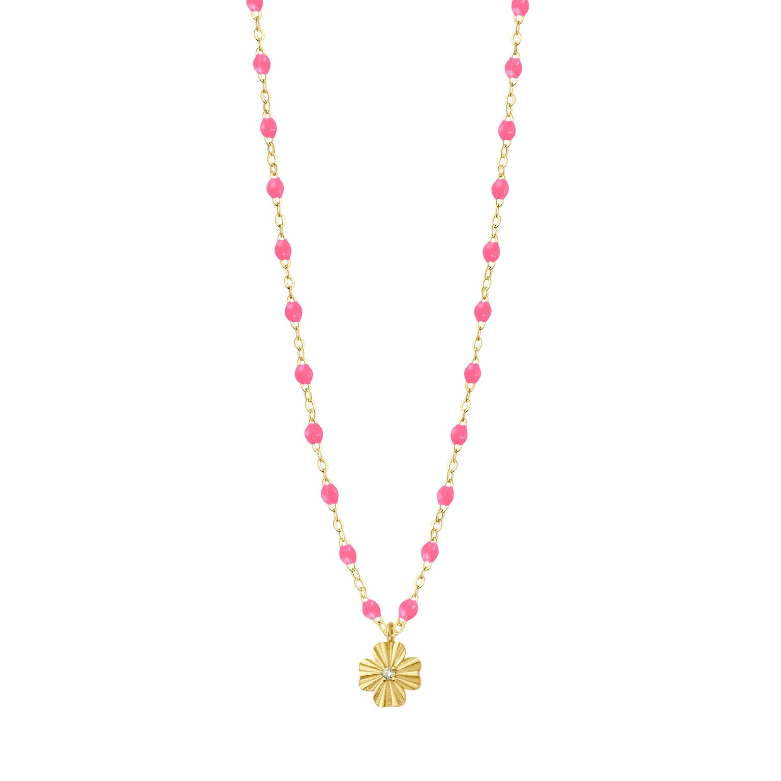 Gigi Clozeau - Collier rose fluo Trèfle Lumière, diamant, or jaune, 42 cm