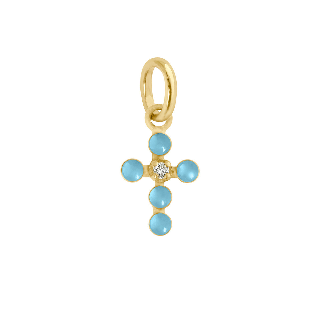 Gigi Clozeau - Pendentif turquoise Croix perlée, or jaune, 1 diamant