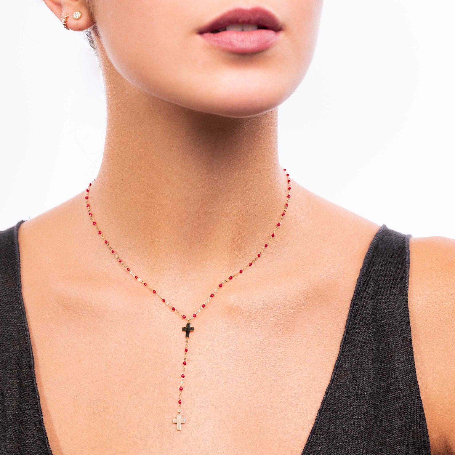 Gigi Clozeau - Chapelet coquelicot Croix, or jaune, 42 cm