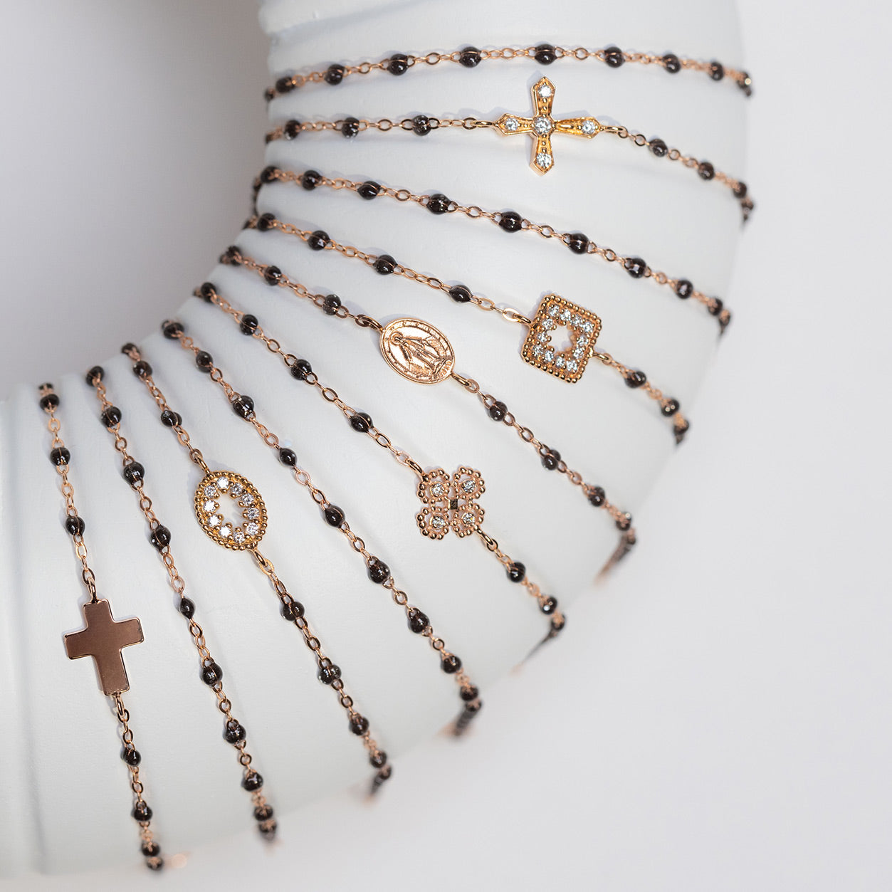 Gigi Clozeau - Bracelet quartz croix vintage diamants, or rose, 17 cm