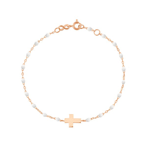 Gigi Clozeau - Bracelet blanc Croix, or rose, 17cm