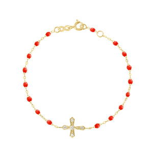Gigi Clozeau - Bracelet corail croix vintage diamants, or jaune, 17 cm