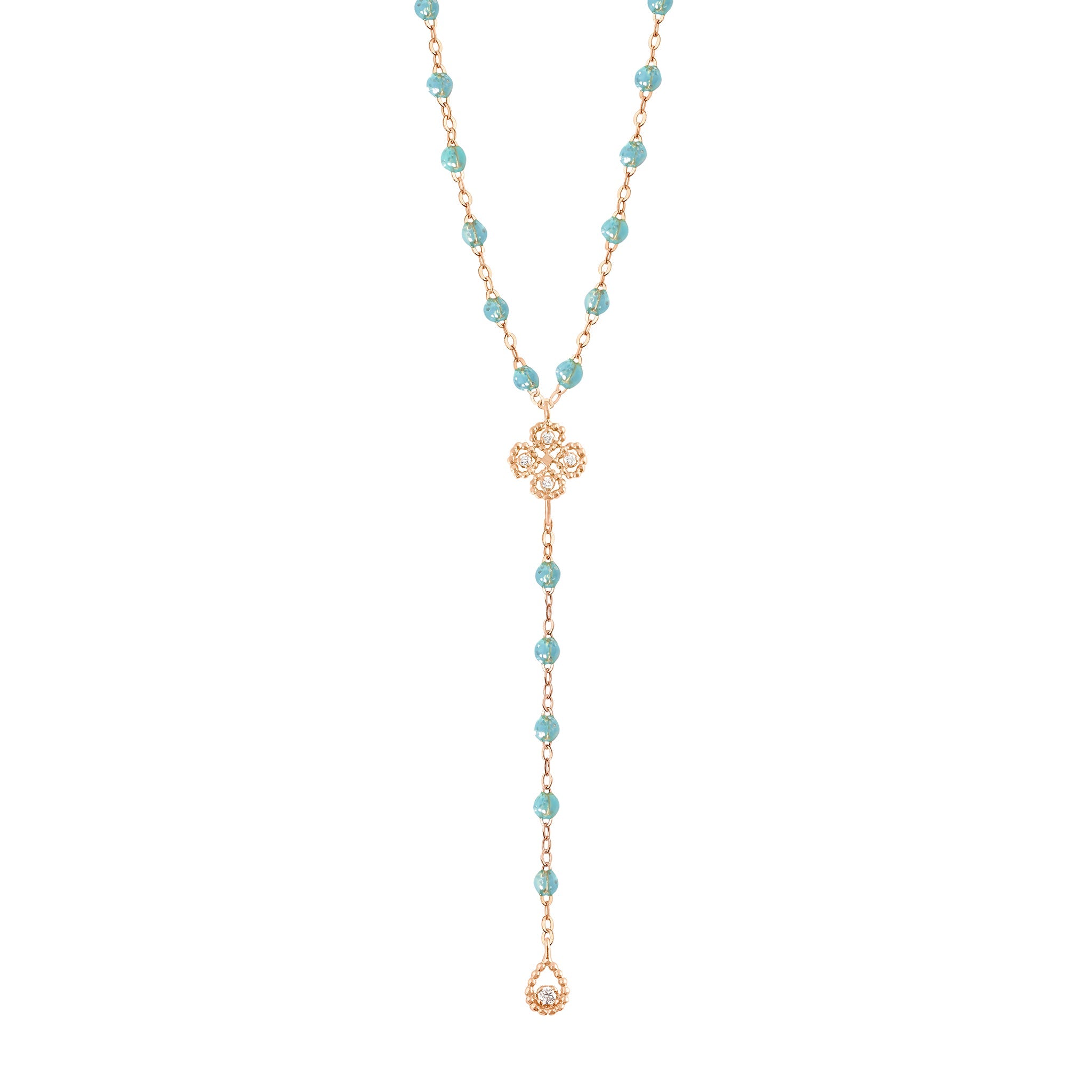 Gigi Clozeau - Chapelet aqua Lucky Trèfle, diamants, or rose, 45 cm