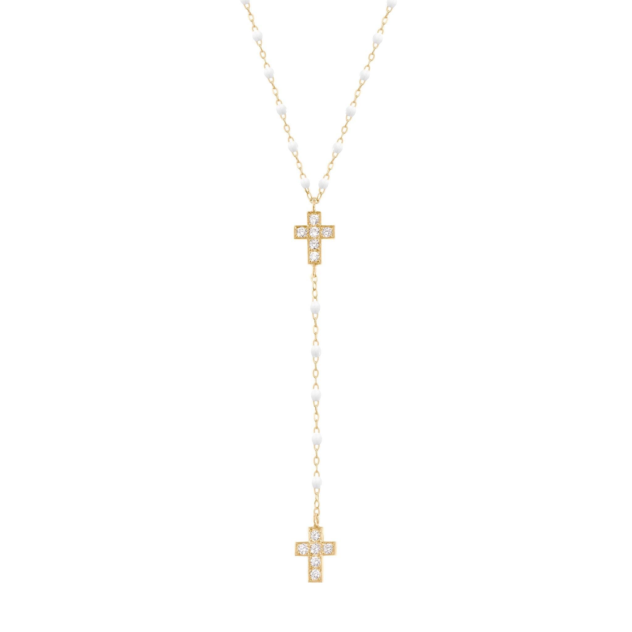 Gigi Clozeau - Chapelet blanc Croix Diamants, or jaune, 42 cm