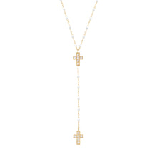 Gigi Clozeau - Chapelet blanc Croix Diamants, or jaune, 42 cm
