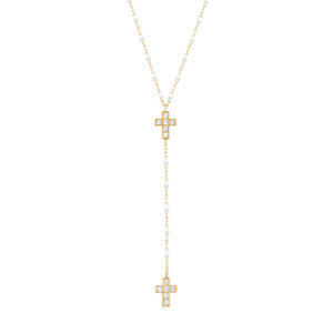 Gigi Clozeau - Chapelet blanc Croix Diamants, or jaune, 42 cm