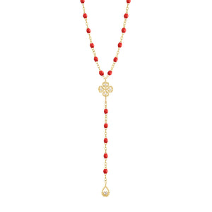 Gigi Clozeau - Chapelet coquelicot Lucky Trèfle, diamants, or jaune, 45 cm