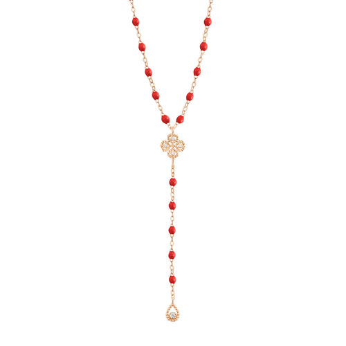 Gigi Clozeau - Chapelet coquelicot Lucky Trèfle, diamants, or rose, 45 cm
