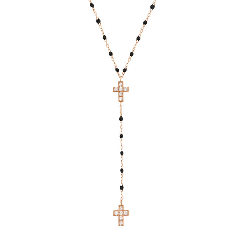 Gigi Clozeau - Chapelet noir Croix Diamants, or rose, 42 cm