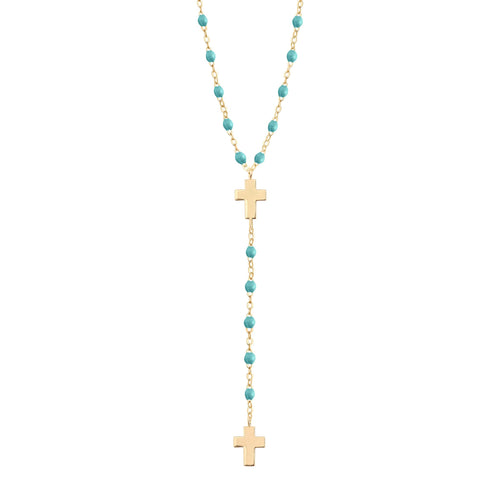 Gigi Clozeau - Chapelet turquoise vert Croix, or jaune, 42 cm