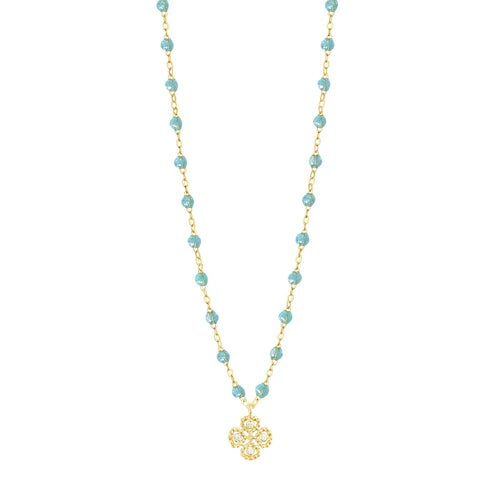 Gigi Clozeau - Collier aqua Lucky Trèfle, diamants, or jaune, 42 cm