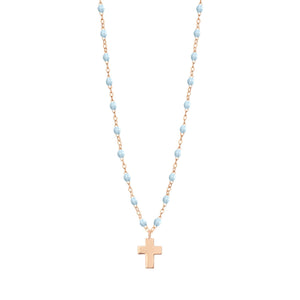 Gigi Clozeau - Collier bleu layette Croix Classique Gigi, or rose, 42 cm