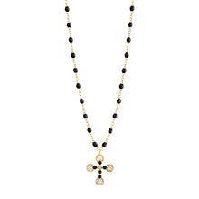 Gigi Clozeau - Collier Croix Dentelle Perlée résine noire, or jaune, diamant, 42cm