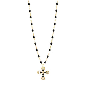 Gigi Clozeau - Collier Croix Dentelle Perlée résine noire, or jaune, diamant, 42cm