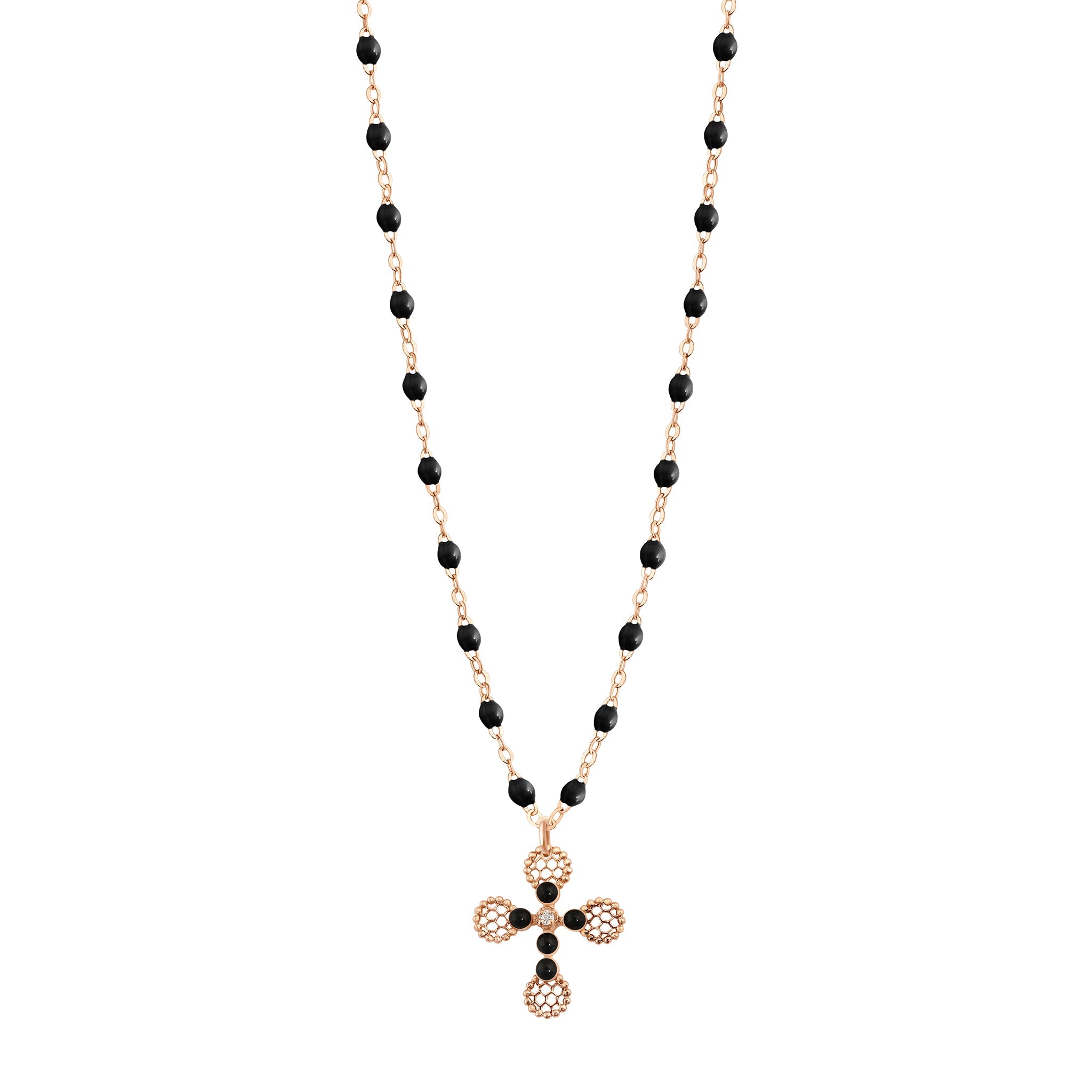 Gigi Clozeau - Collier Croix Dentelle Perlée résine noire, or rose, diamant, 42cm