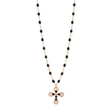 Gigi Clozeau - Collier Croix Dentelle Perlée résine noire, or rose, diamant, 42cm