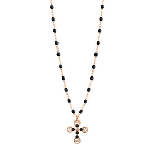 Gigi Clozeau - Collier Croix Dentelle Perlée résine noire, or rose, diamant, 42cm
