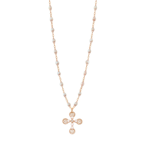 Gigi Clozeau - Collier Croix Dentelle Perlée résine opale, or rose, diamant, 42cm
