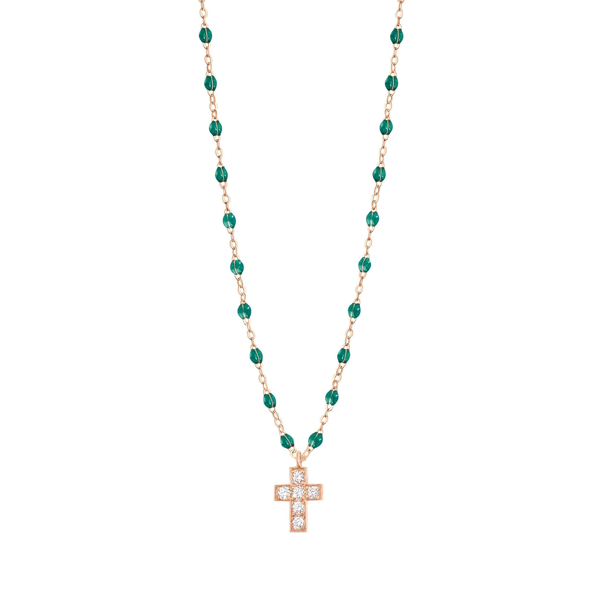 Gigi Clozeau - Collier émeraude Croix diamants, or rose, 42 cm