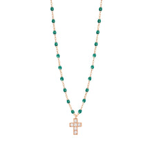 Gigi Clozeau - Collier émeraude Croix diamants, or rose, 42 cm
