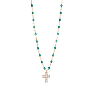 Gigi Clozeau - Collier émeraude Croix diamants, or rose, 42 cm