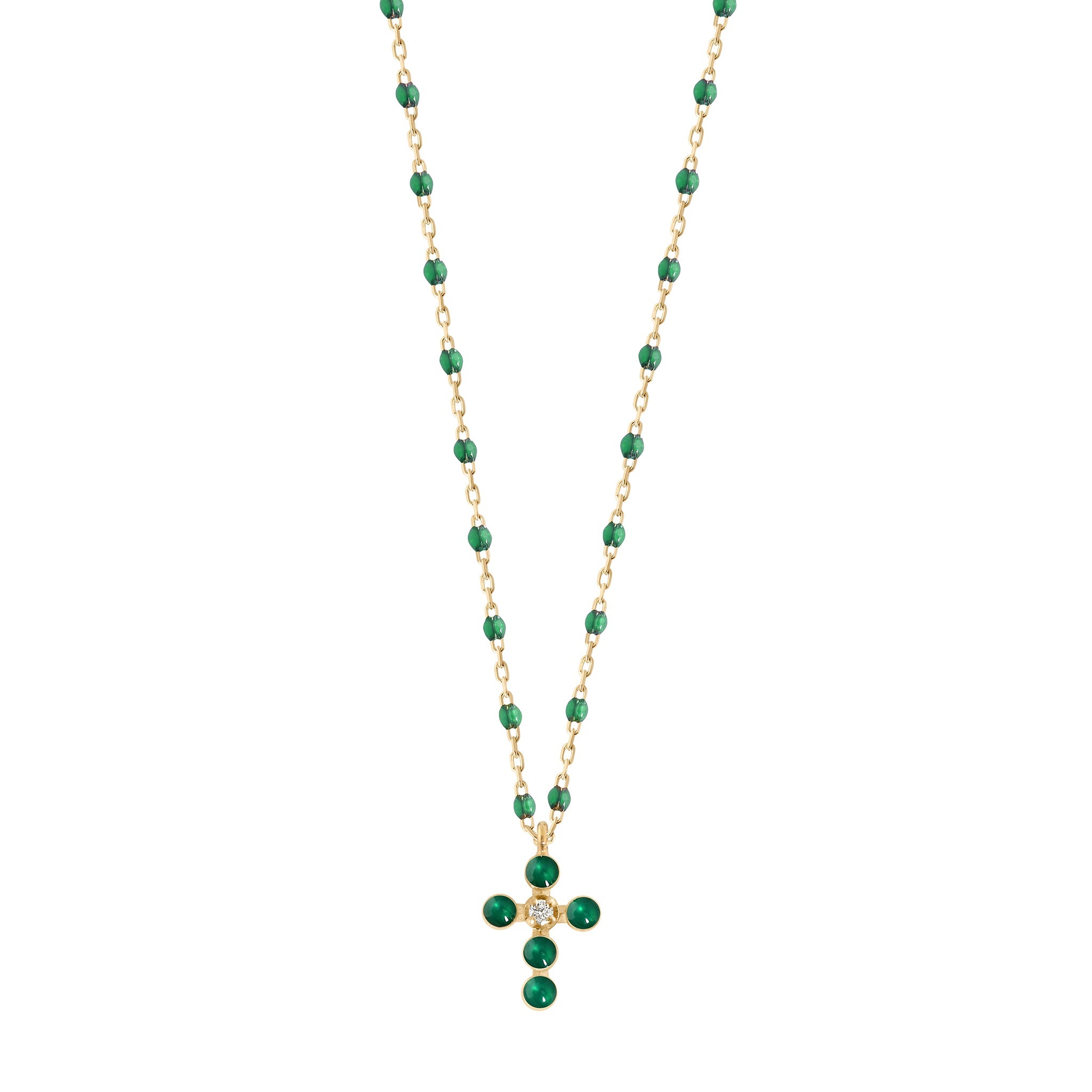 Gigi Clozeau - Collier émeraude Croix Perlée, or jaune, 1 diamant, 42 cm