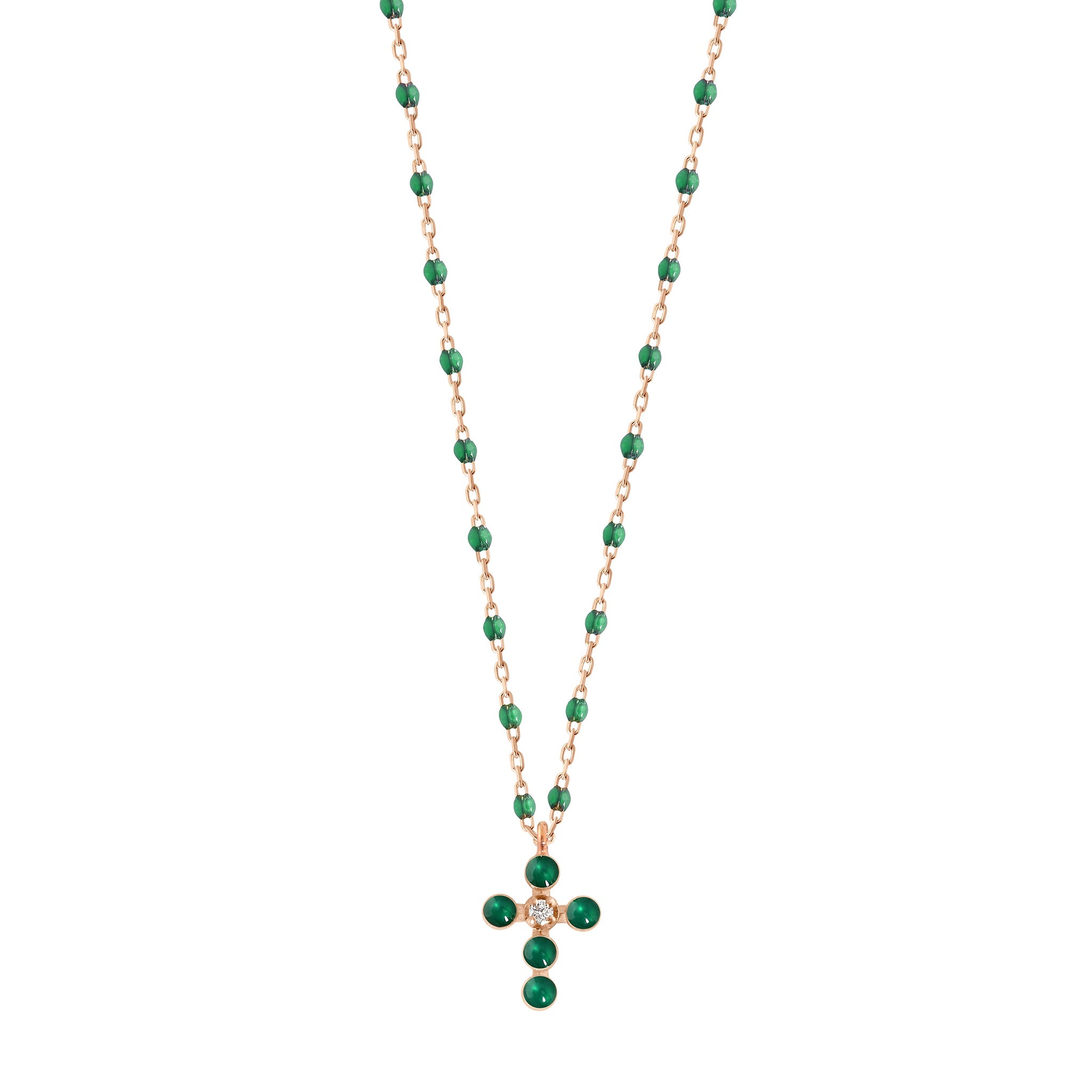 Gigi Clozeau - Collier émeraude Croix Perlée, or rose, 1 diamant, 42 cm