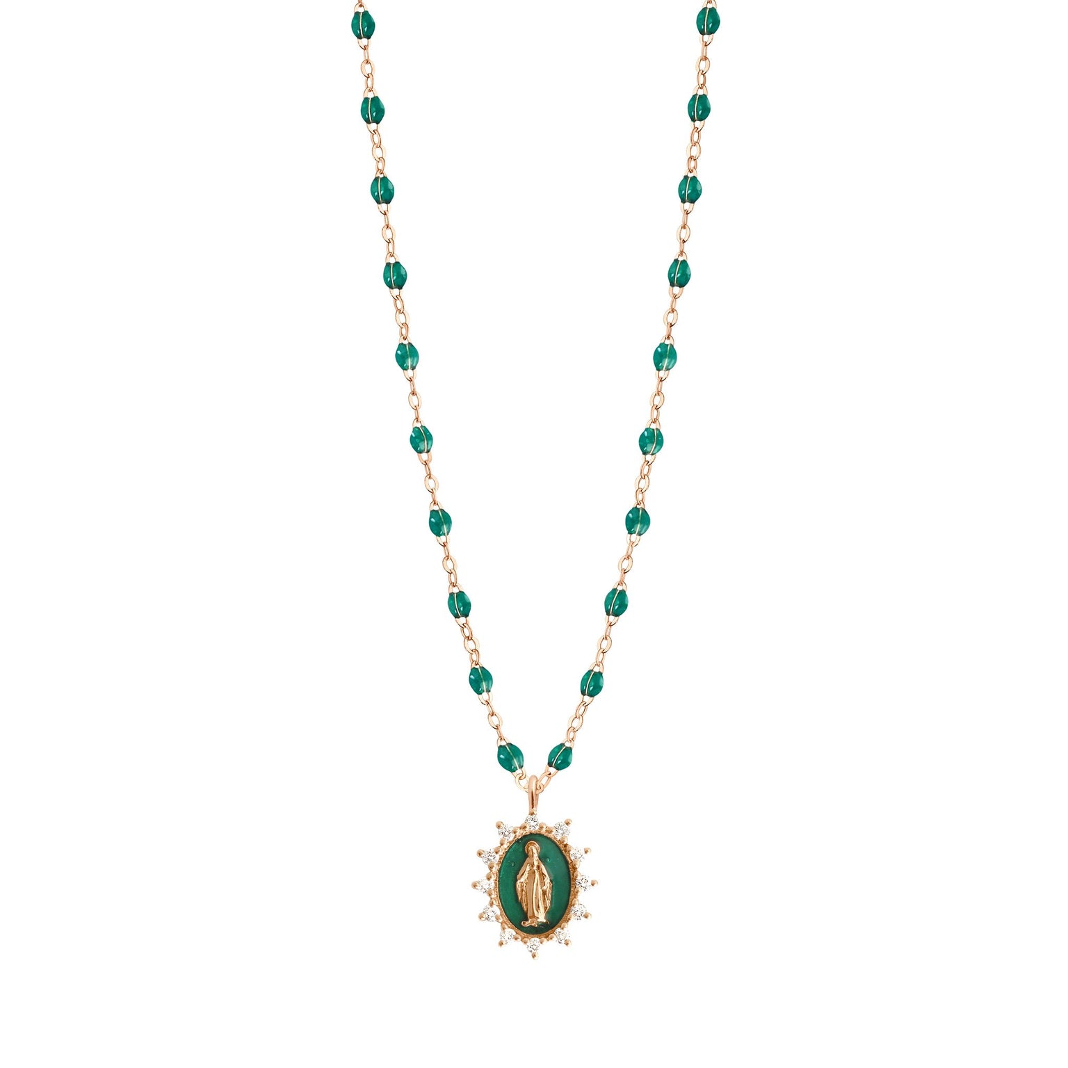 Gigi Clozeau - Collier émeraude Petite Madone Suprême, diamants, or rose, 42 cm