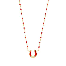 Gigi Clozeau - Collier Fer à cheval, or jaune, diamants et mini perles de résine coquelicot, 42 cm