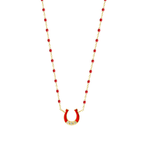 Gigi Clozeau - Collier Fer à cheval, or jaune, diamants et mini perles de résine coquelicot, 42 cm