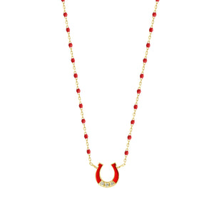 Gigi Clozeau - Collier Fer à cheval, or jaune, diamants et mini perles de résine coquelicot, 42 cm