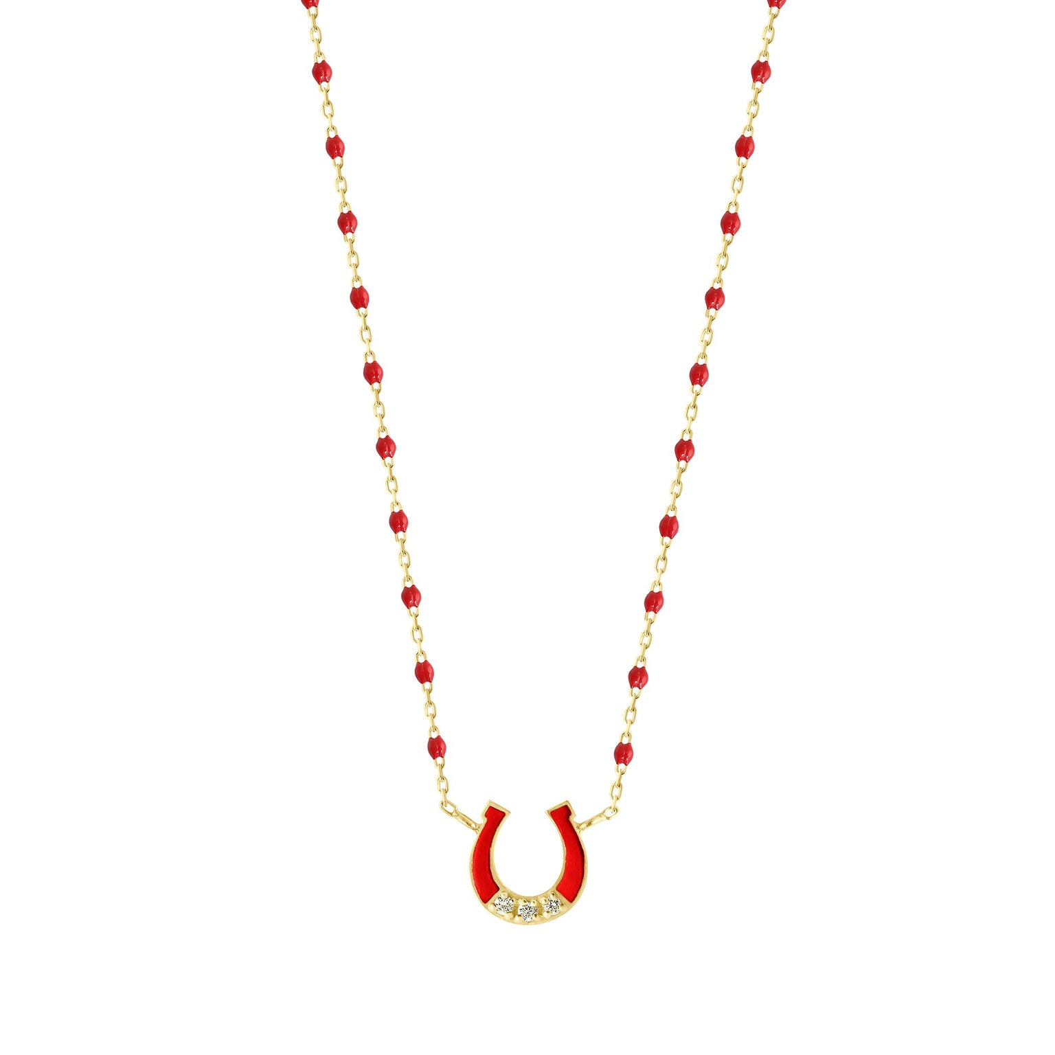 Gigi Clozeau - Collier Fer à cheval, or jaune, diamants et mini perles de résine coquelicot, 42 cm