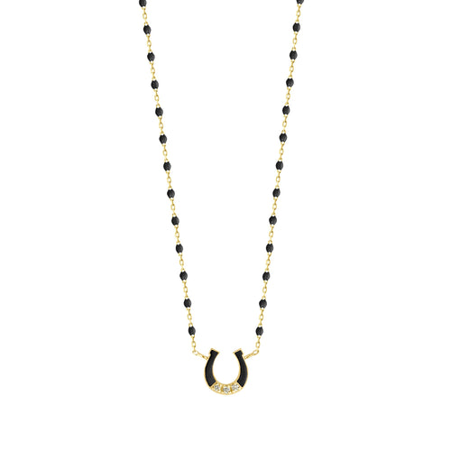 Gigi Clozeau - Collier Fer à cheval, or jaune, diamants et mini perles de résine noire, 42 cm