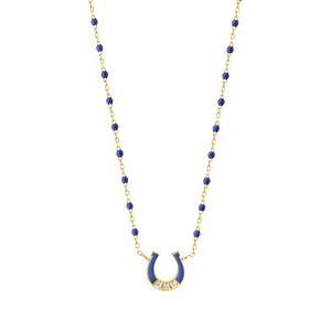 Gigi Clozeau - Collier Fer à cheval, or jaune, diamants et mini perles de résine prusse, 42 cm