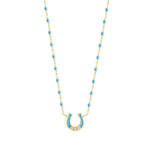 Gigi Clozeau - Collier Fer à cheval, or jaune, diamants et mini perles de résine turquoise, 42 cm