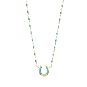 Gigi Clozeau - Collier Fer à cheval, or jaune, diamants et mini perles de résine turquoise, 42 cm