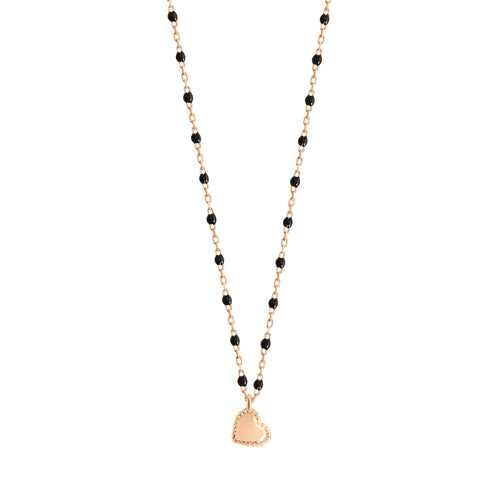 Gigi Clozeau - Collier Lucky Coeur, or rose et mini perles de résine noire, 40 cm