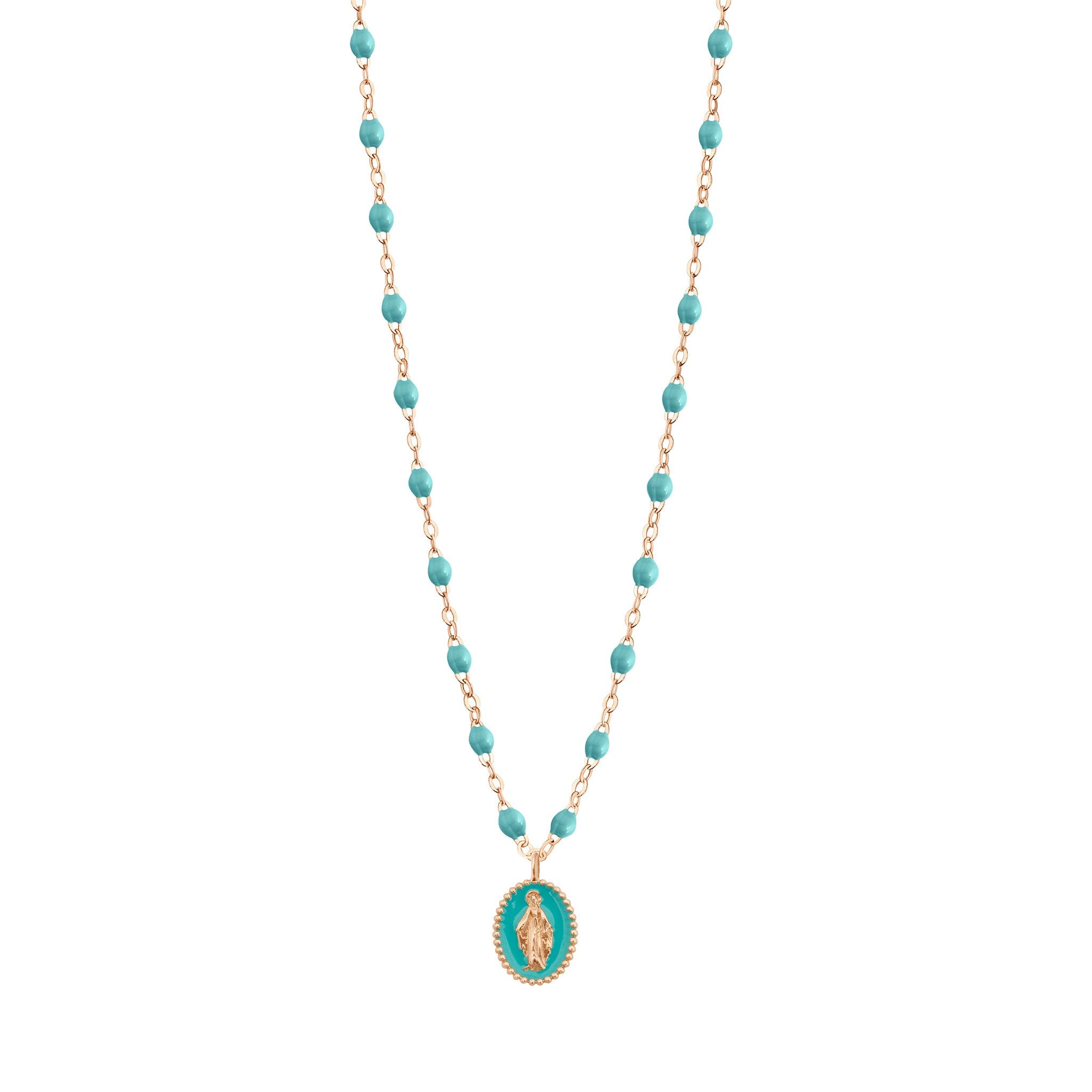 Gigi Clozeau - Collier Madone résine turquoise vert, or rose, 42 cm