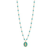 Gigi Clozeau - Collier Madone résine turquoise vert, or rose, 42 cm