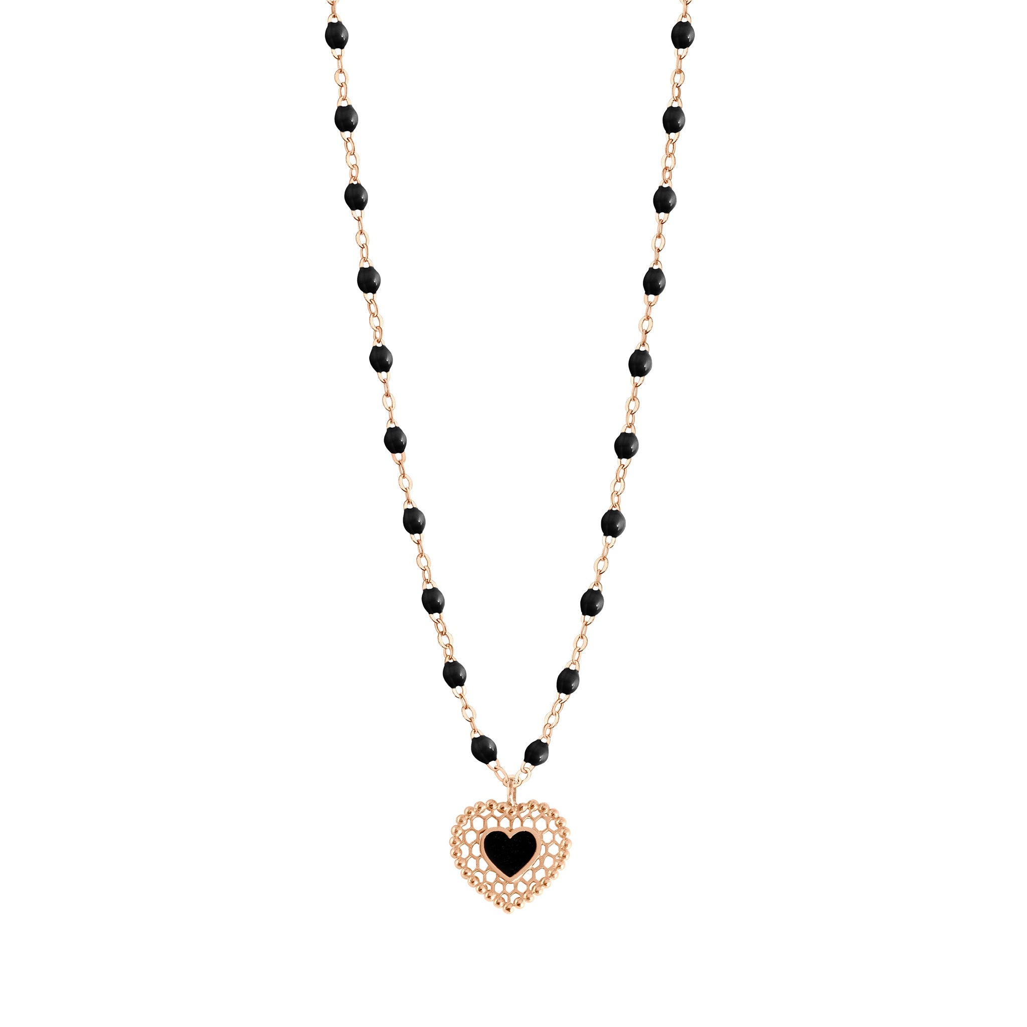 Gigi Clozeau - Collier noir Cœur Dentelle, or rose, 42 cm