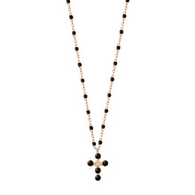 Gigi Clozeau - Collier noir Croix Perlée, or rose, 1 diamant, 42 cm