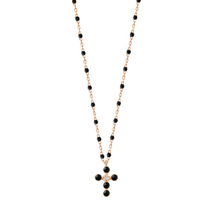 Gigi Clozeau - Collier noir Croix Perlée, or rose, 1 diamant, 42 cm
