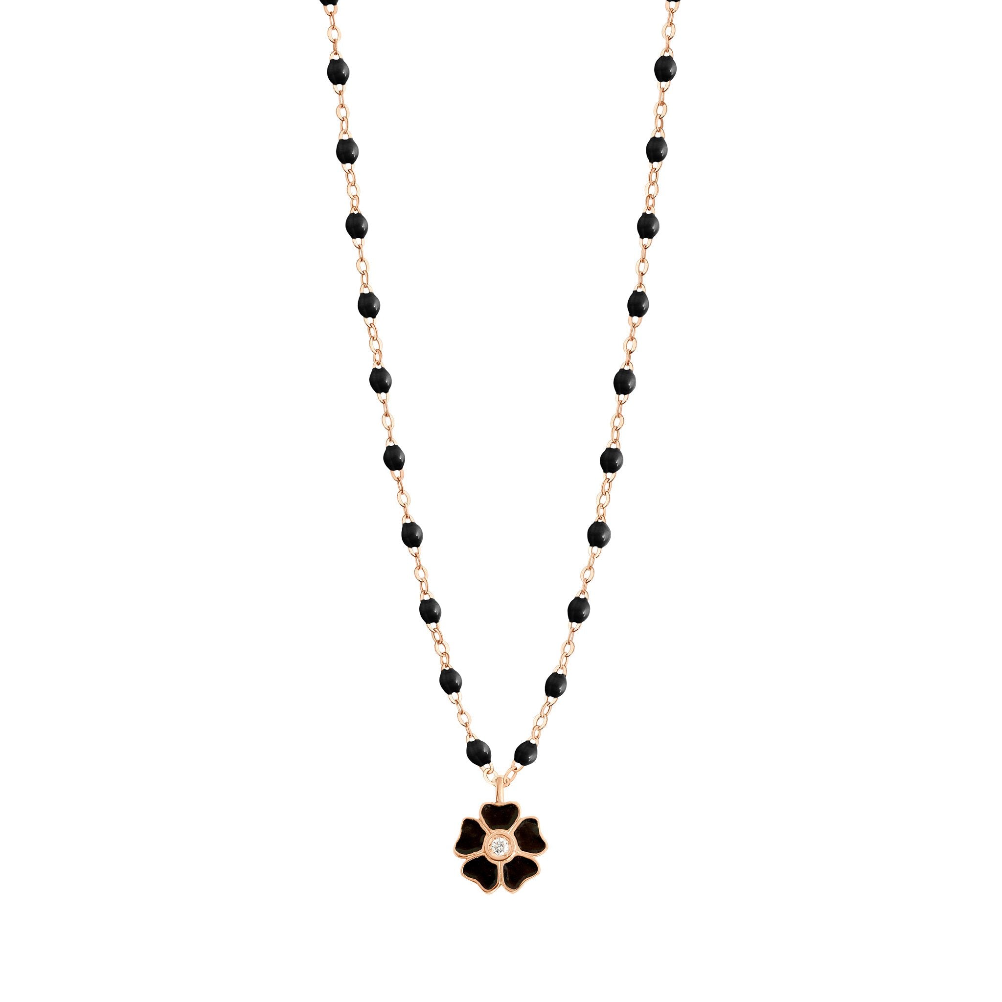 Gigi Clozeau - Collier noir Fleur, diamant, or rose, 42 cm