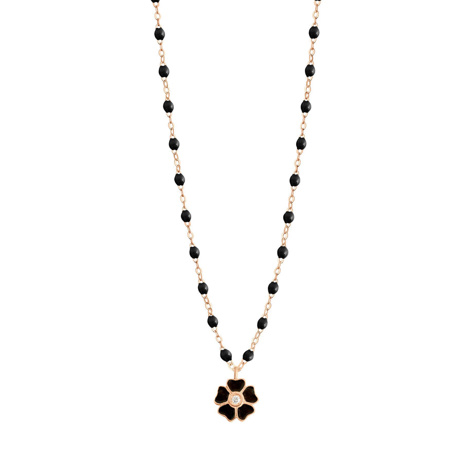 Gigi Clozeau - Collier noir Fleur, diamant, or rose, 42 cm